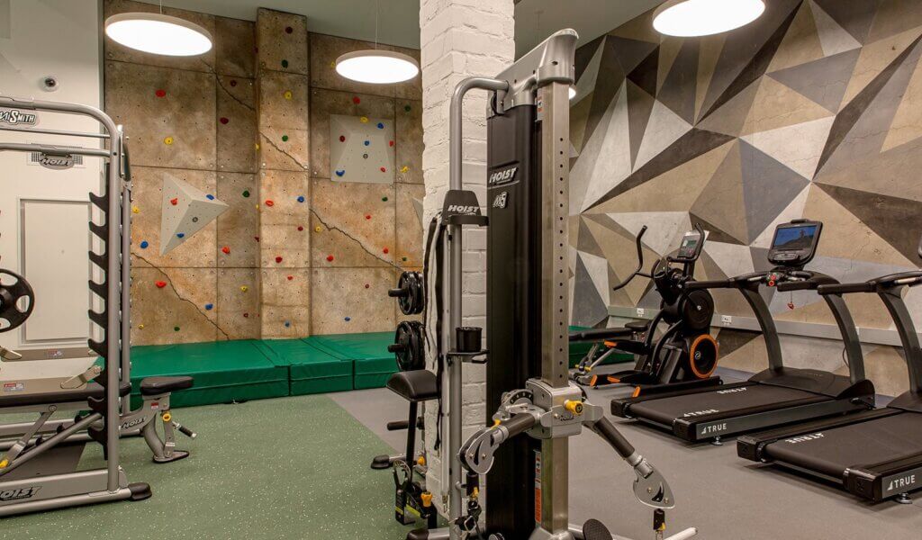 Rock Wall and Fitness Center with cardio and strength training machines at the brynx